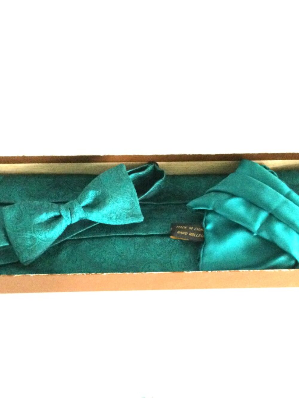 Vintage Ashear Teal Silk Adjustable Bow Tie and Cummerbund with Scarf Set